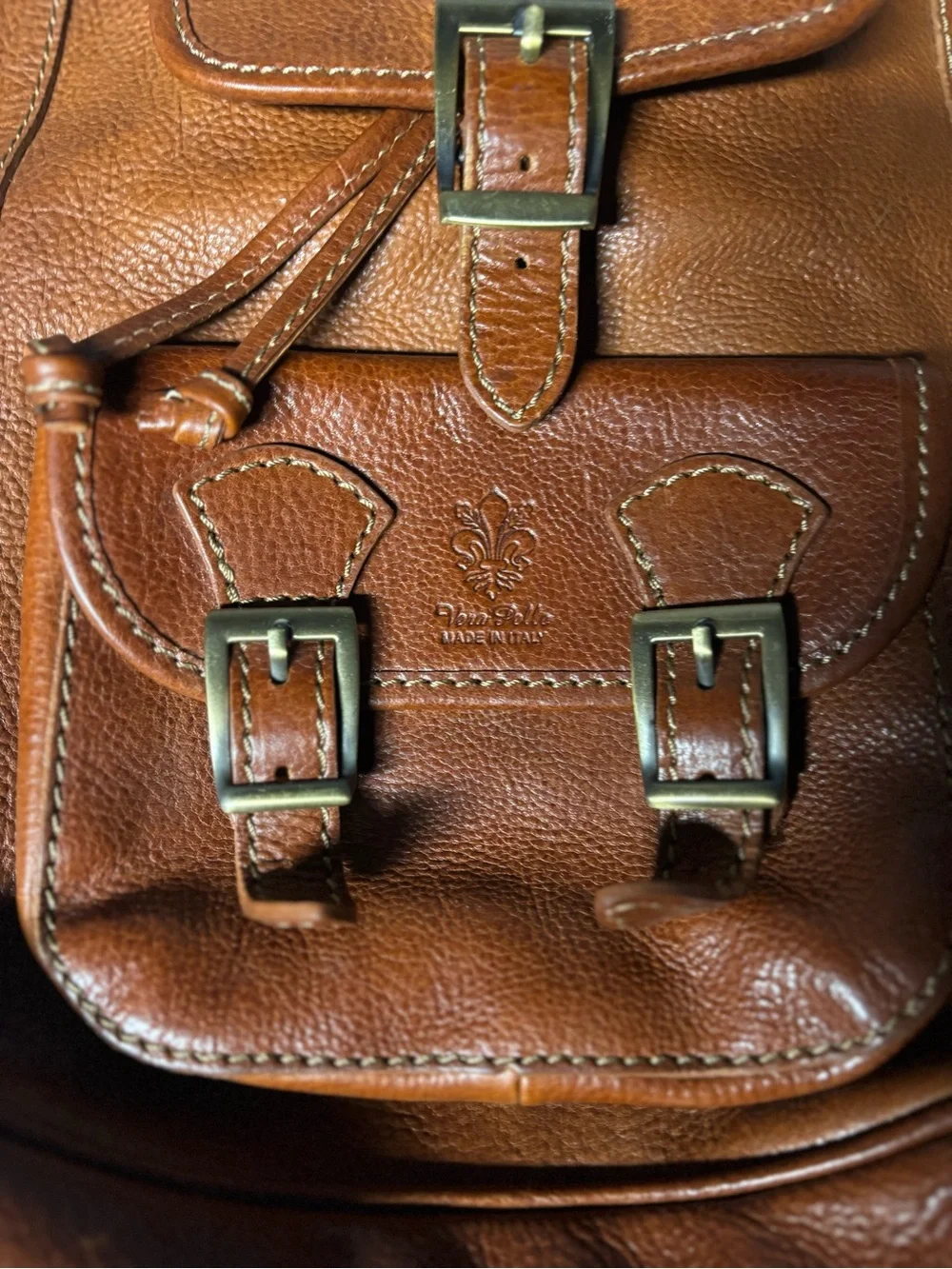 Vera Pelle Tan Leather Drawstring Backpack with Front Buckle Pocket